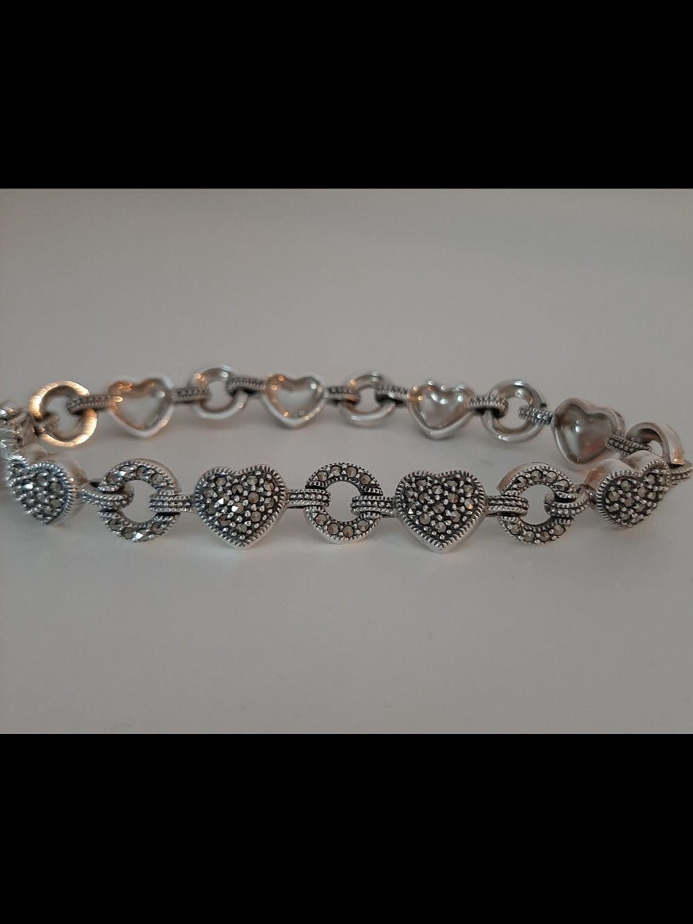 Judith Jack Sterling Silver Marcasite Heart Link Bracelet 8”